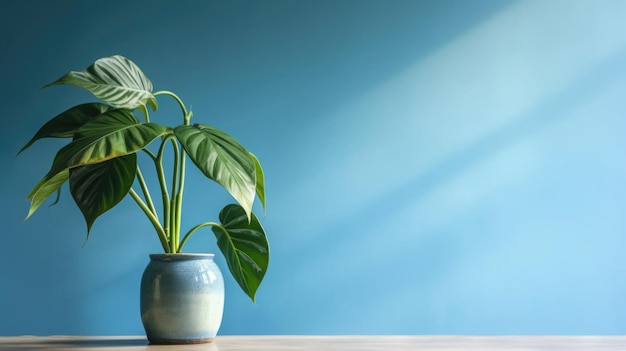 Table with plant in vase against blue wall background Generative AI