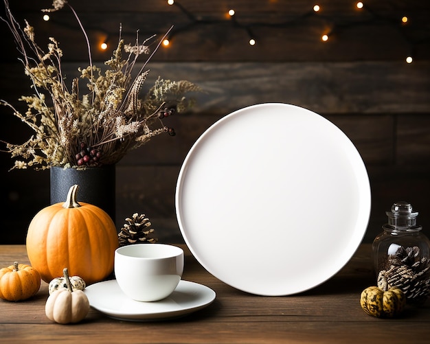 a table with a plate a bowl a cup and a plate with a pumpkin on it