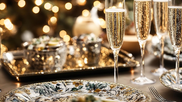 Photo a table with a plate of champagne and glasses with a christmas tree in the background