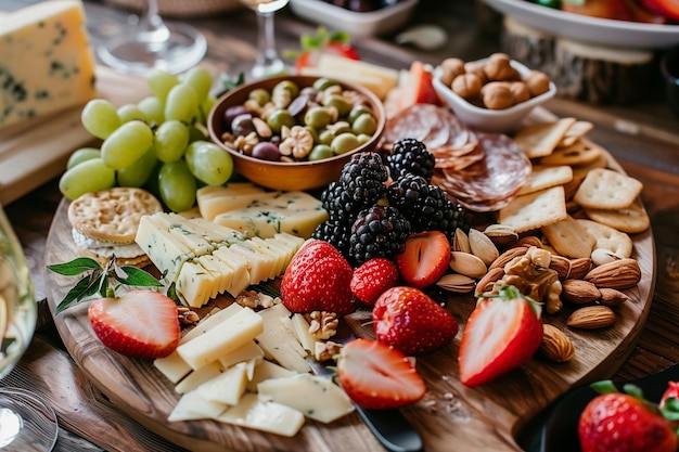 Photo a table with a plate of cheese fruit and nuts on it