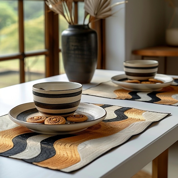 Photo a table with a plate of cookies and a cupcake on it