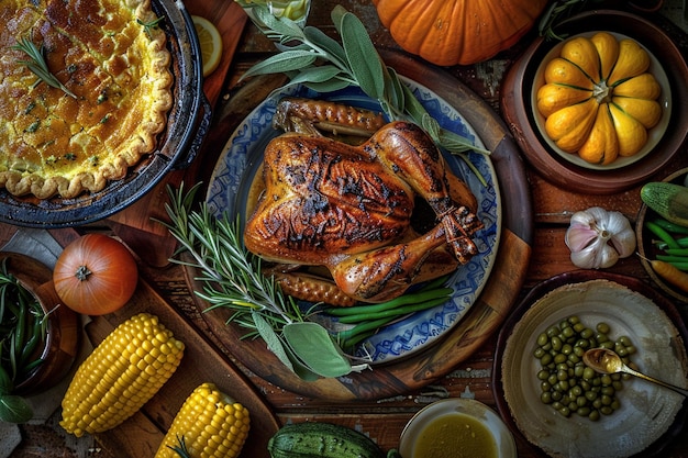 a table with a plate of corn corn and corn