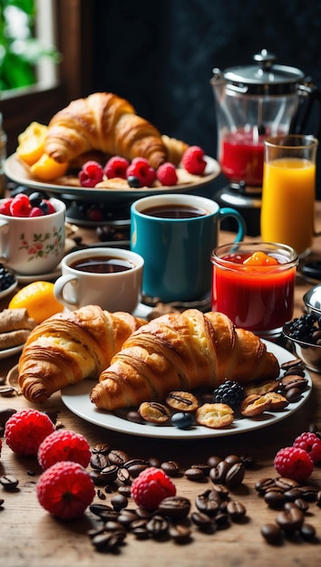 A Table With A Plate Of Croissants And Coffee