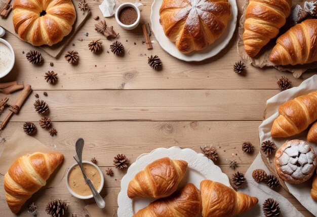 Photo a table with a plate of croissants and a plate of pine cones on it