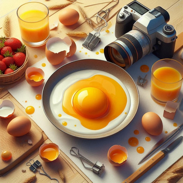 a table with a plate of eggs strawberries and strawberries