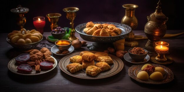 A table with a plate of food and a bowl of fruit