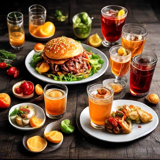 a table with a plate of food and a burger on it