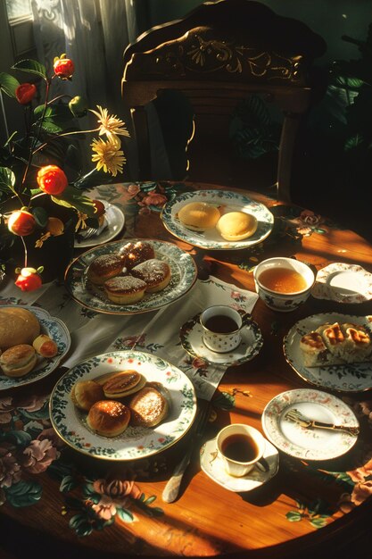 a table with a plate of food and a cup of tea