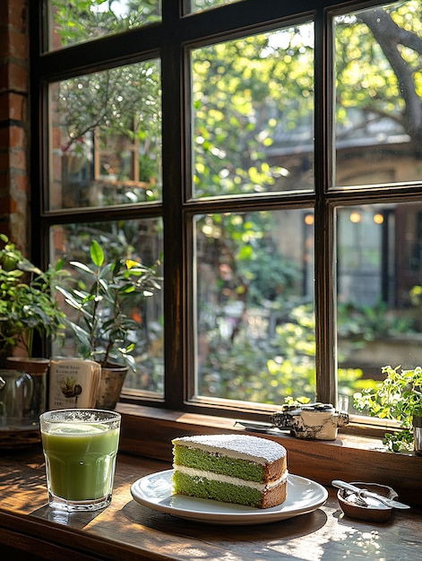 Photo a table with a plate of food and a glass of green liquid