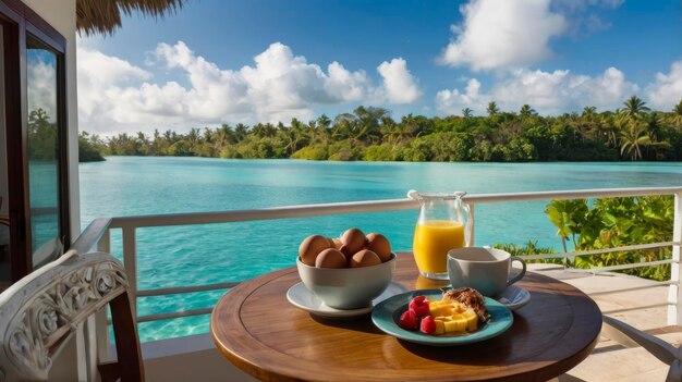 Photo a table with a plate of food and a glass of orange juice