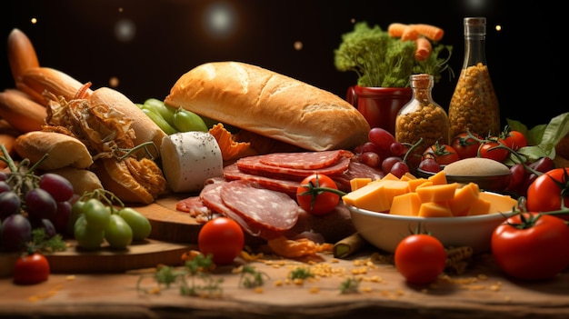 a table with a plate of food including cheese meat cheese and vegetables