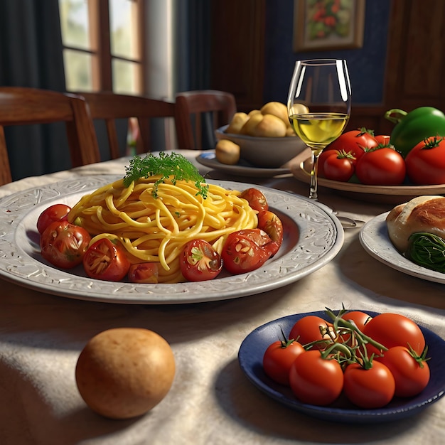 a table with a plate of food including spaghetti and tomatoes