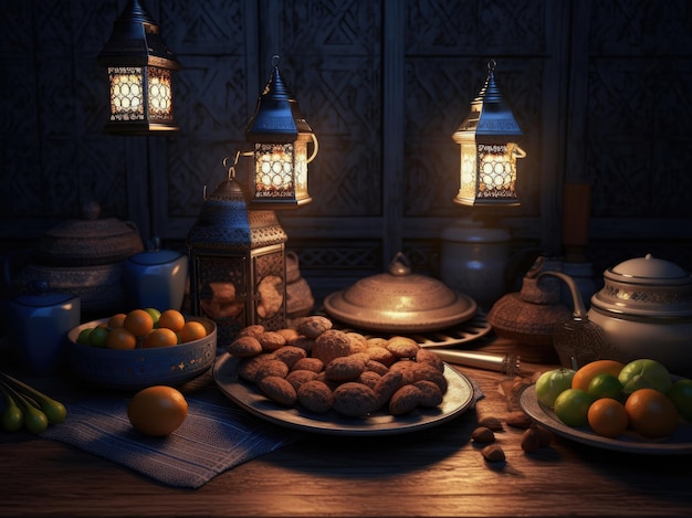 A table with a plate of food and a lamp