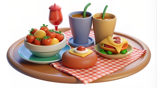 Photo a table with a plate of food that has a picture of a hot dog and a pot of vegetables on it