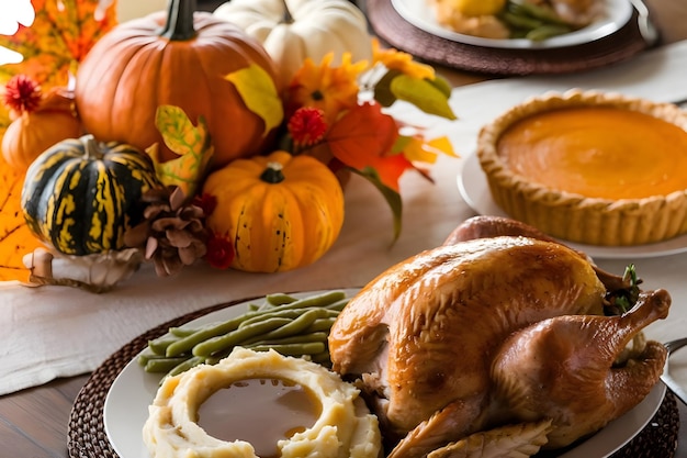 Photo a table with a plate of food that says thanksgiving on it