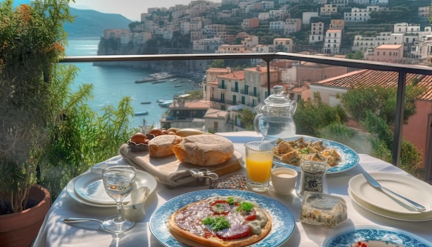 A table with a plate of food and a view of the sea