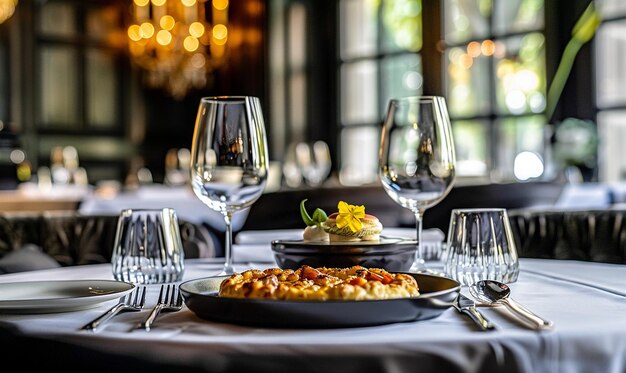 a table with a plate of food and a wine glass on it