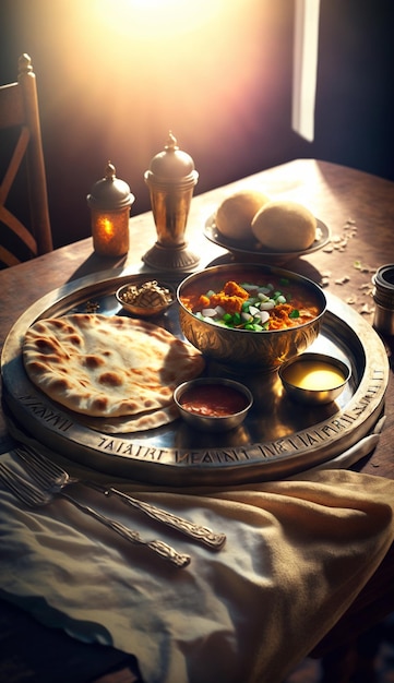 A table with a plate of food with the words " taj mahal " on it.