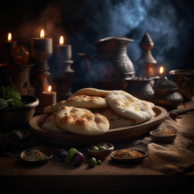 A table with a plate of naan bread and other food items on it