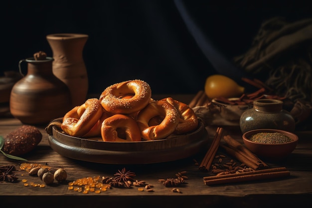 A table with a plate of pretzels and other food items.