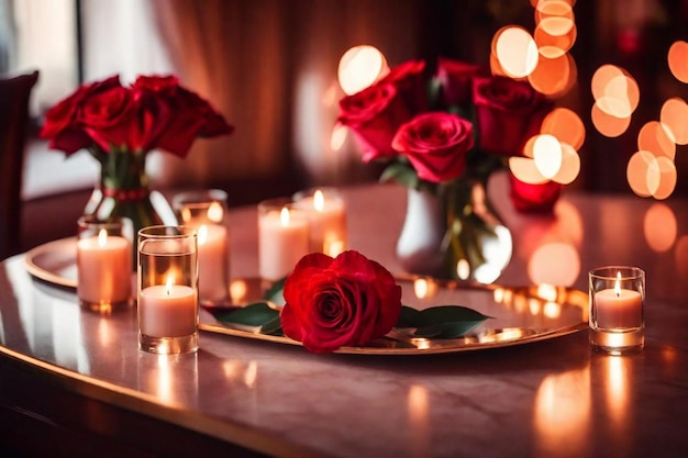 a table with a plate of red roses and candles with candles in the background