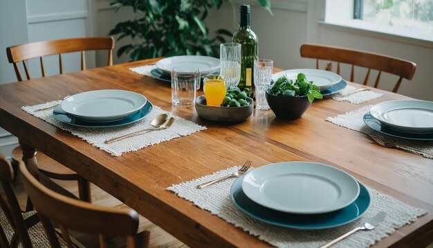 Photo a table with plates and bowls of food on it