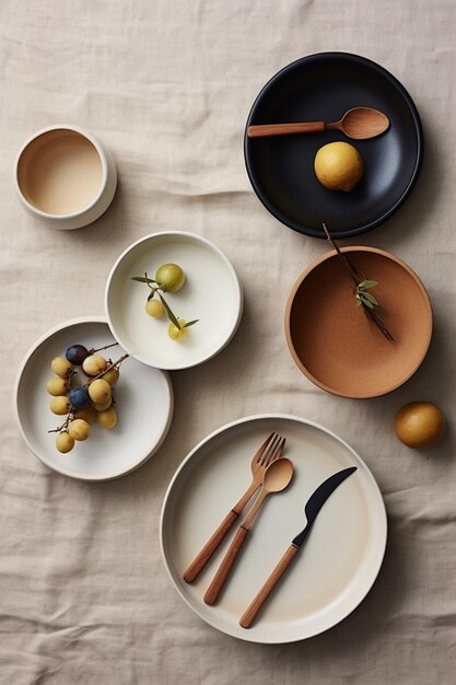 a table with plates bowls plates and bowls with fruit and a plate of food on it