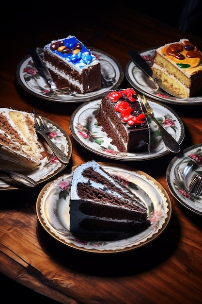 Photo a table with plates of cake strawberries and chocolate frosting