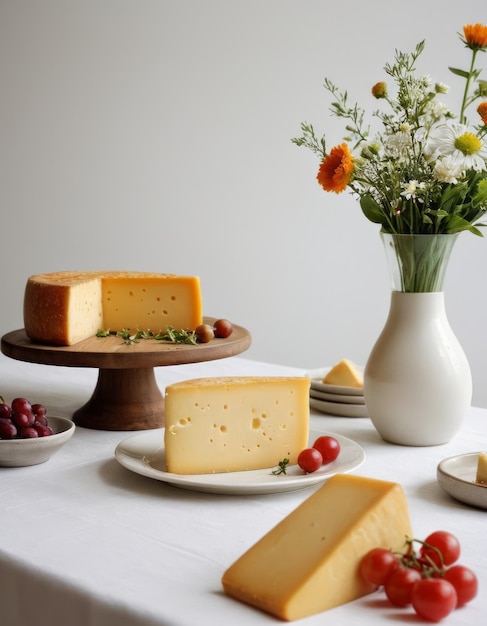 a table with plates of cheese flowers and a vase with flowers