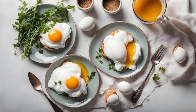 a table with plates of eggs eggs and a bottle of honey