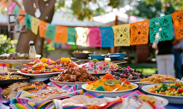 Photo a table with plates of food and a banner with the number 1 on it