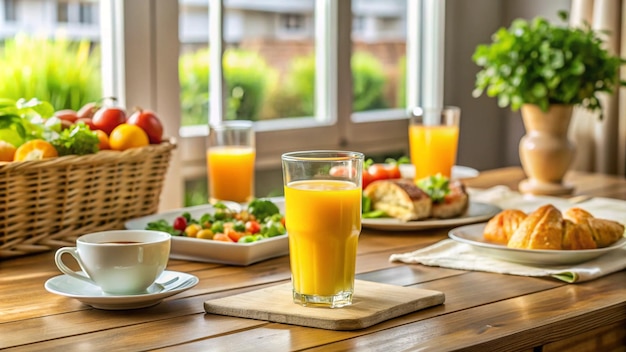 a table with plates of food and glasses of orange juice on it