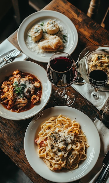 Photo a table with plates of food and glasses of wine and a glass of wine