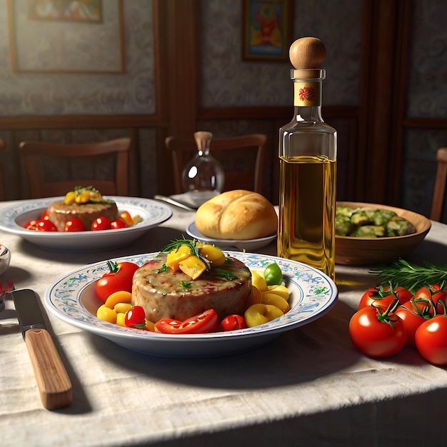 a table with plates of food including a bottle of olive oil