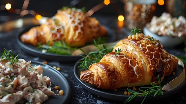 Photo a table with plates of food including croissants rice and vegetables