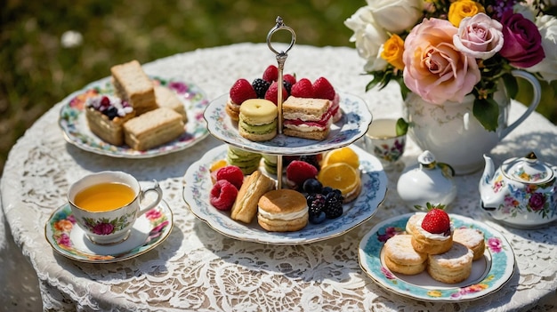 a table with plates of food including cupcakes a teapot and a flower vase with flowers