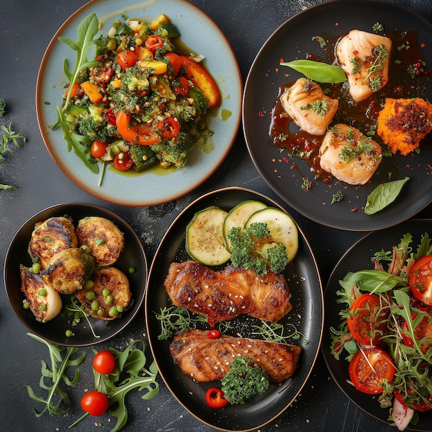 a table with plates of food including meat vegetables and vegetables