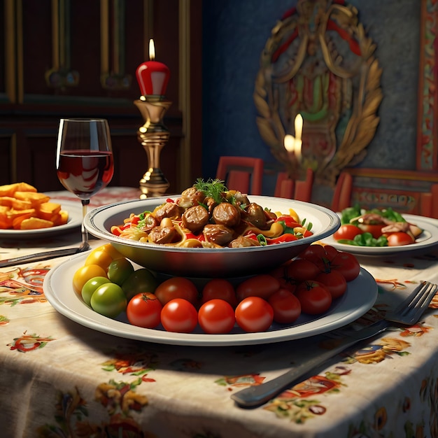 a table with plates of food including meatballs tomatoes and cheese