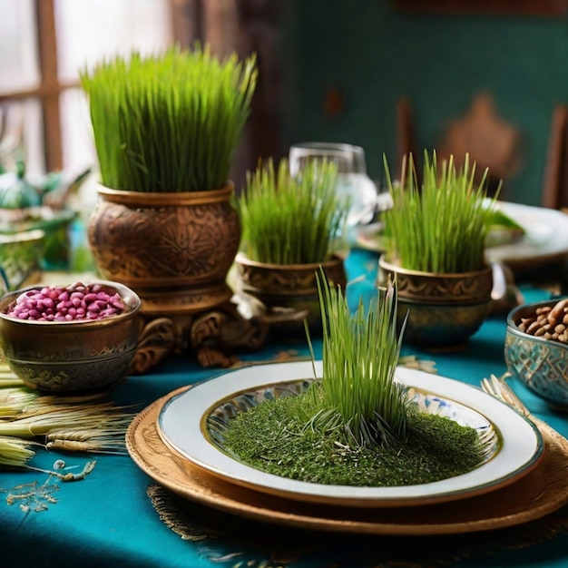 a table with plates of food including peas wheat and wheat