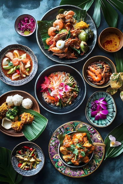 Photo a table with plates of food including rice rice and vegetables