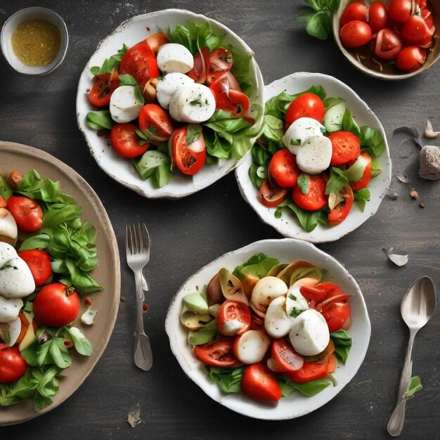 a table with plates of food including salad salad and a spoon