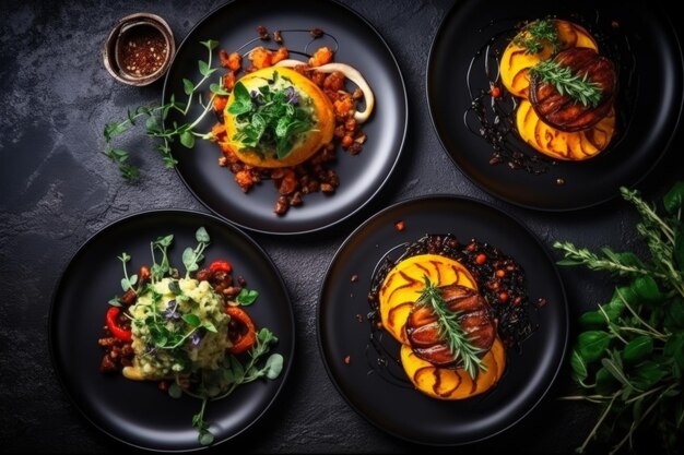 Photo a table with plates of food including vegetables and beans