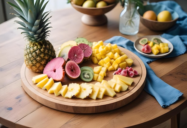 a table with plates of fruit and a bowl of fruit on it