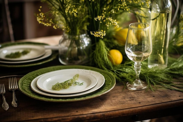 a table with plates and glasses and a plate of food on it