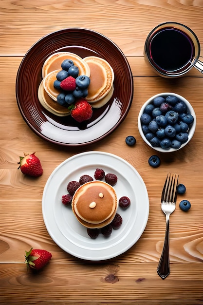 A table with plates of pancakes and a cup of coffee and a cup of coffee.