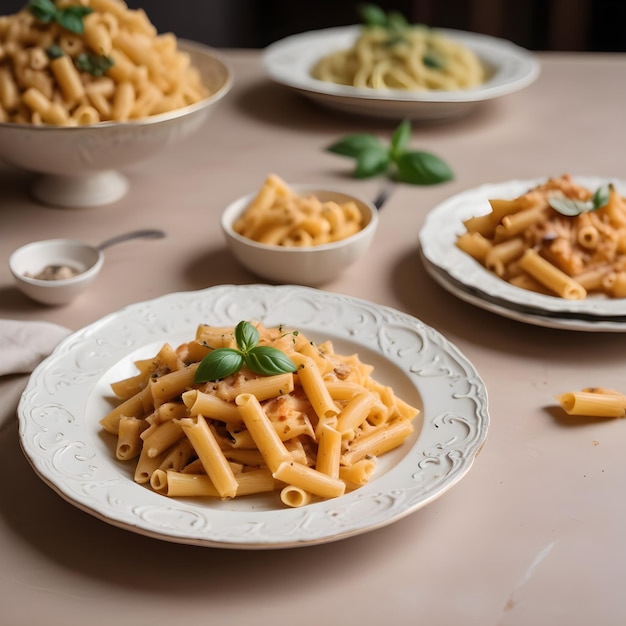 a table with plates of pasta and parsley on it