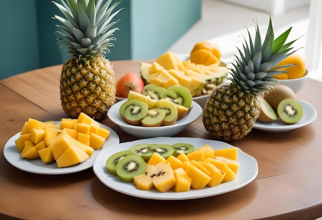 a table with plates of pineapples pineapple and pineapples