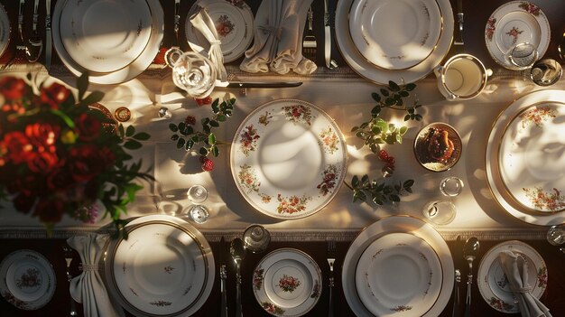 Photo a table with plates plates and a statue on it