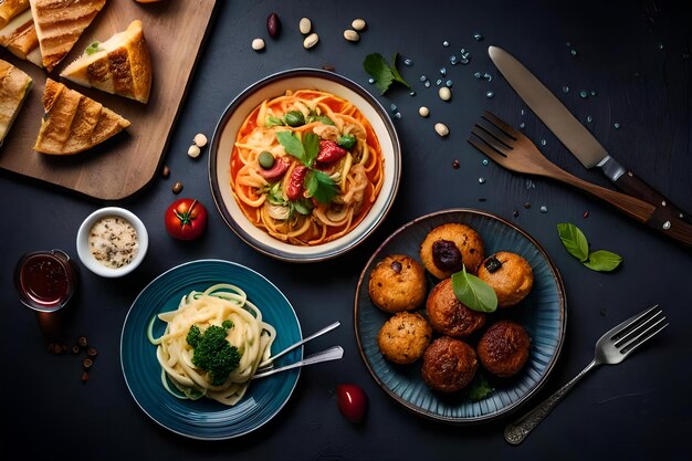 Photo a table with plates of spaghetti and pasta and a plate of spaghetti