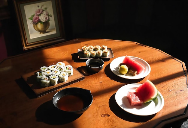 a table with plates of sushi and a picture of a bowl of watermelon